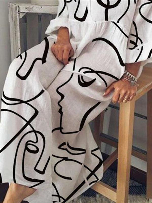 Women's Dresses Abstract Face Print V-Neck Long Sleeve Dress - Maxi Dresses - INS | Online Fashion Free Shipping Clothing, Dresses, Tops, Shoes - 06/09/2021 - 30-40 - Category_Maxi Dresses