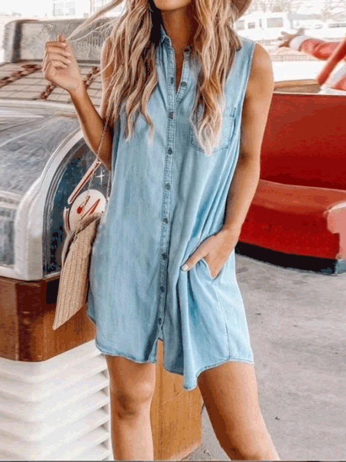 Women's Dresses Button Pocket Sleeveless Shirt Denim Dress - Mini Dresses - Instastyled | Online Fashion Free Shipping Clothing, Dresses, Tops, Shoes - 10/01/2022 - 30-40 - Casual Dresses