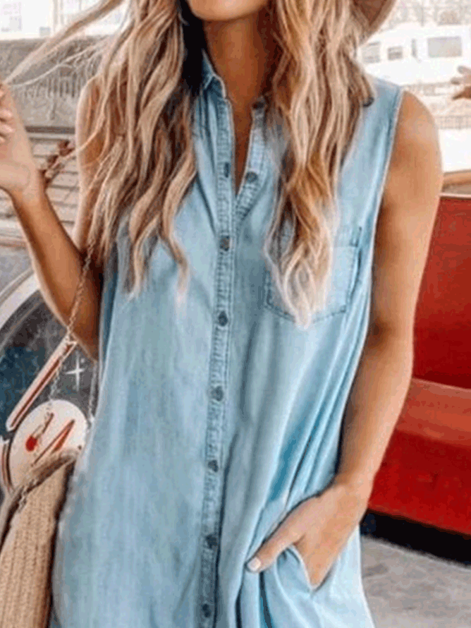 Women's Dresses Button Pocket Sleeveless Shirt Denim Dress - Mini Dresses - Instastyled | Online Fashion Free Shipping Clothing, Dresses, Tops, Shoes - 10/01/2022 - 30-40 - Casual Dresses
