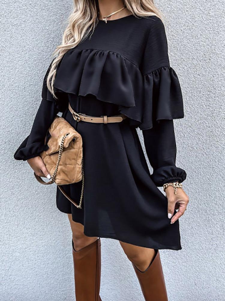 Women's Dresses Casual Solid Ruffled Long Sleeve Dress - Mini Dresses - Instastyled | Online Fashion Free Shipping Clothing, Dresses, Tops, Shoes - 10/12/2021 - 30-40 - Casual Dresses