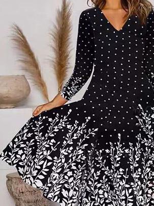 Women's Dresses Casual V-Neck Printed Long Sleeve Dress - Midi Dresses - Instastyled | Online Fashion Free Shipping Clothing, Dresses, Tops, Shoes - 02/12/2021 - 30-40 - color-black