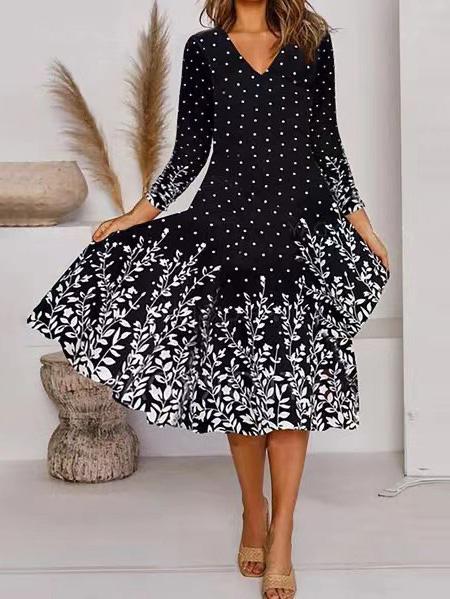 Women's Dresses Casual V-Neck Printed Long Sleeve Dress - Midi Dresses - Instastyled | Online Fashion Free Shipping Clothing, Dresses, Tops, Shoes - 02/12/2021 - 30-40 - color-black