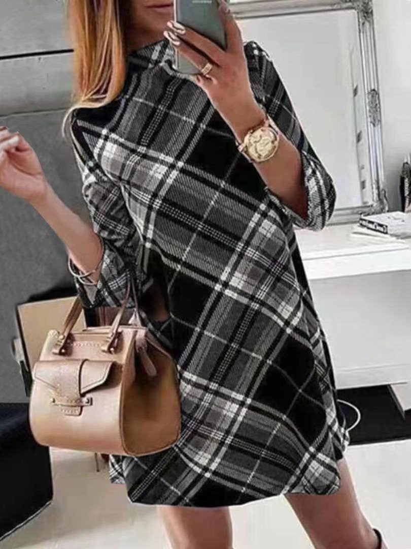 Women's Dresses Check Print Long Sleeve Mini Dress - Mini Dresses - INS | Online Fashion Free Shipping Clothing, Dresses, Tops, Shoes - 1/11/2021 - 20-30 - color-gray