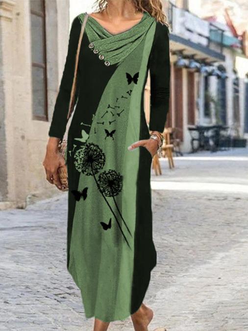 Women's Dresses Dandelion Print Pile Neck Long Sleeve Dress - Maxi Dresses - INS | Online Fashion Free Shipping Clothing, Dresses, Tops, Shoes - 06/09/2021 - 20-30 - Category_Maxi Dresses