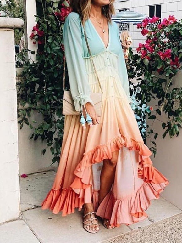 Women's Dresses Deep V Neck Gradient Long Sleeve Irregular Dress - Maxi Dresses - Instastyled | Online Fashion Free Shipping Clothing, Dresses, Tops, Shoes - 22/01/2022 - color-multi - color-multicolor