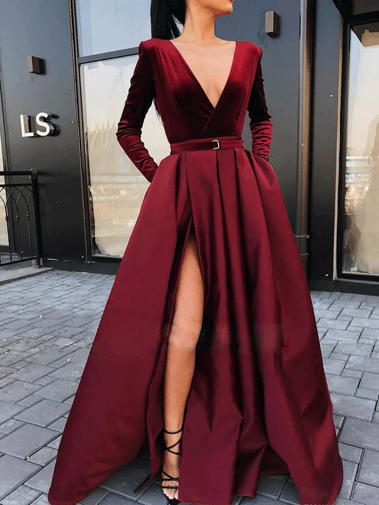Women's Dresses Deep V-Neck Long Sleeve Split Dress - Maxi Dresses - INS | Online Fashion Free Shipping Clothing, Dresses, Tops, Shoes - 28/10/2021 - 40-50 - color-red