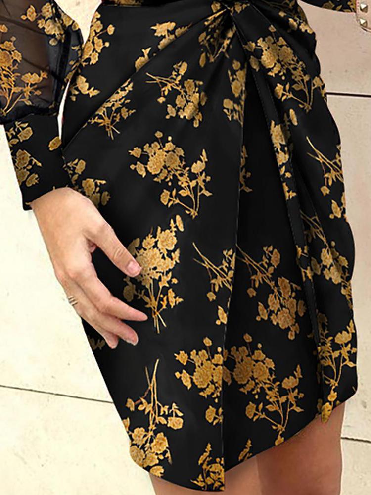 Women's Dresses Deep V-Neck Printed Long Sleeve Mini Dress - Mini Dresses - INS | Online Fashion Free Shipping Clothing, Dresses, Tops, Shoes - 20-30 - 27/10/2021 - color-black