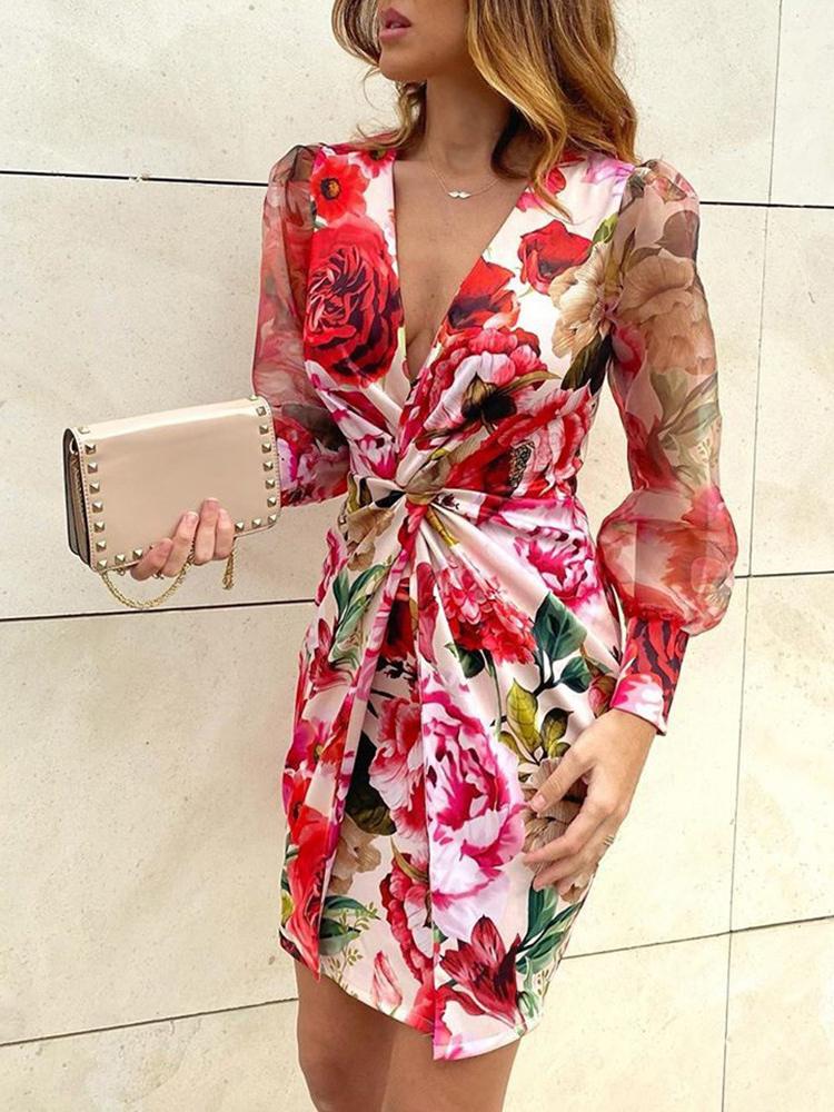 Women's Dresses Deep V-Neck Printed Long Sleeve Mini Dress - Mini Dresses - INS | Online Fashion Free Shipping Clothing, Dresses, Tops, Shoes - 20-30 - 27/10/2021 - color-black