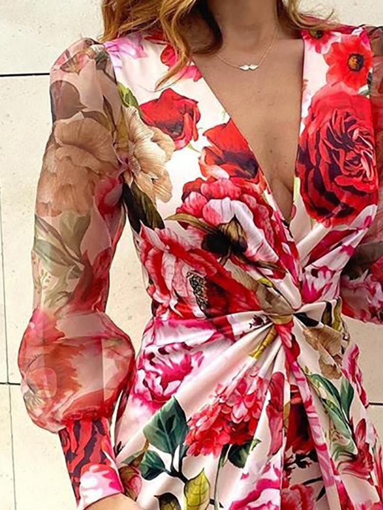 Women's Dresses Deep V-Neck Printed Long Sleeve Mini Dress - Mini Dresses - INS | Online Fashion Free Shipping Clothing, Dresses, Tops, Shoes - 20-30 - 27/10/2021 - color-black
