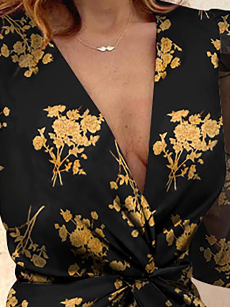 Women's Dresses Deep V-Neck Printed Long Sleeve Mini Dress - Mini Dresses - INS | Online Fashion Free Shipping Clothing, Dresses, Tops, Shoes - 20-30 - 27/10/2021 - color-black
