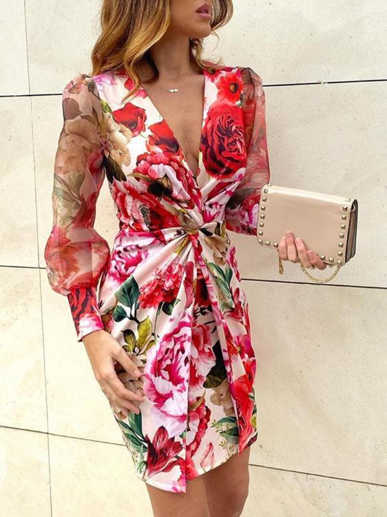 Women's Dresses Deep V-Neck Printed Long Sleeve Mini Dress - Mini Dresses - INS | Online Fashion Free Shipping Clothing, Dresses, Tops, Shoes - 20-30 - 27/10/2021 - color-black