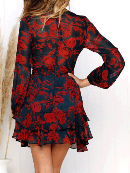 Women's Dresses Deep V-Neck Printed Long Sleeve Mini Dress - Mini Dresses - Instastyled | Online Fashion Free Shipping Clothing, Dresses, Tops, Shoes - 21/12/2021 - color-black - Color_Black