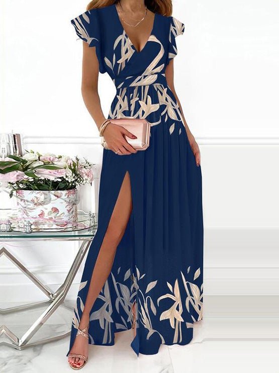 Women's Dresses Deep V Neck Printed Slit Dress - Maxi Dresses - Instastyled | Online Fashion Free Shipping Clothing, Dresses, Tops, Shoes - 14/01/2022 - 40-50 - color-blue