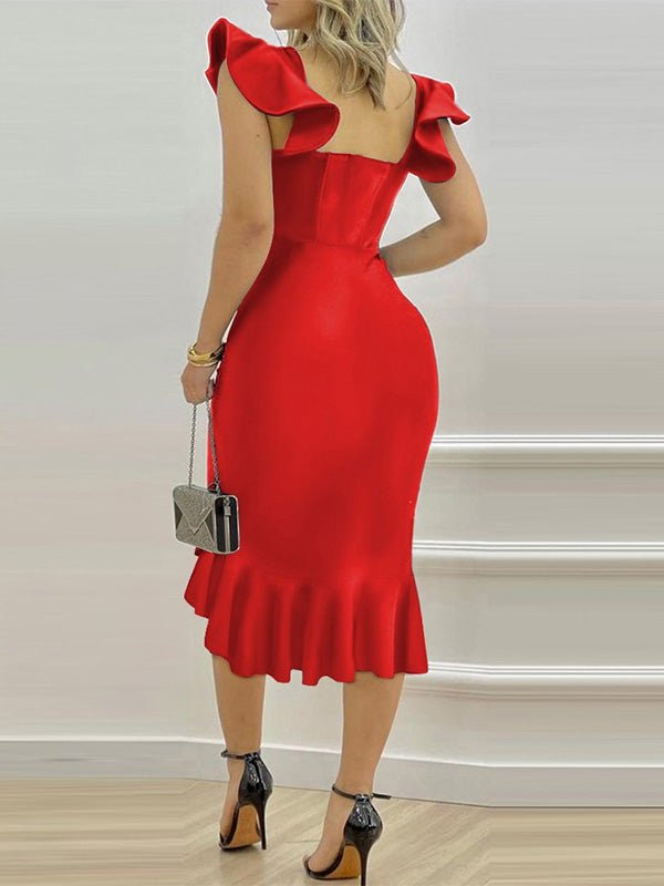 Women's Dresses Deep V Neck Ruffle Slim Fit Irregular Dress - Maxi Dresses - Instastyled | Online Fashion Free Shipping Clothing, Dresses, Tops, Shoes - 22/02/2022 - Color_Black - Color_Red