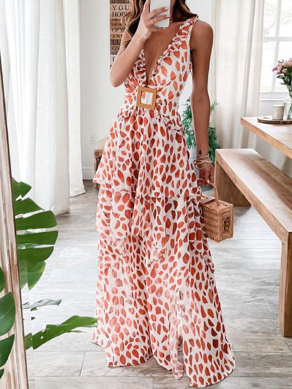 Women's Dresses Deep V Neck Sleeveless Printed Dress - Maxi Dresses - Instastyled | Online Fashion Free Shipping Clothing, Dresses, Tops, Shoes - 15/01/2022 - 40-50 - color-red