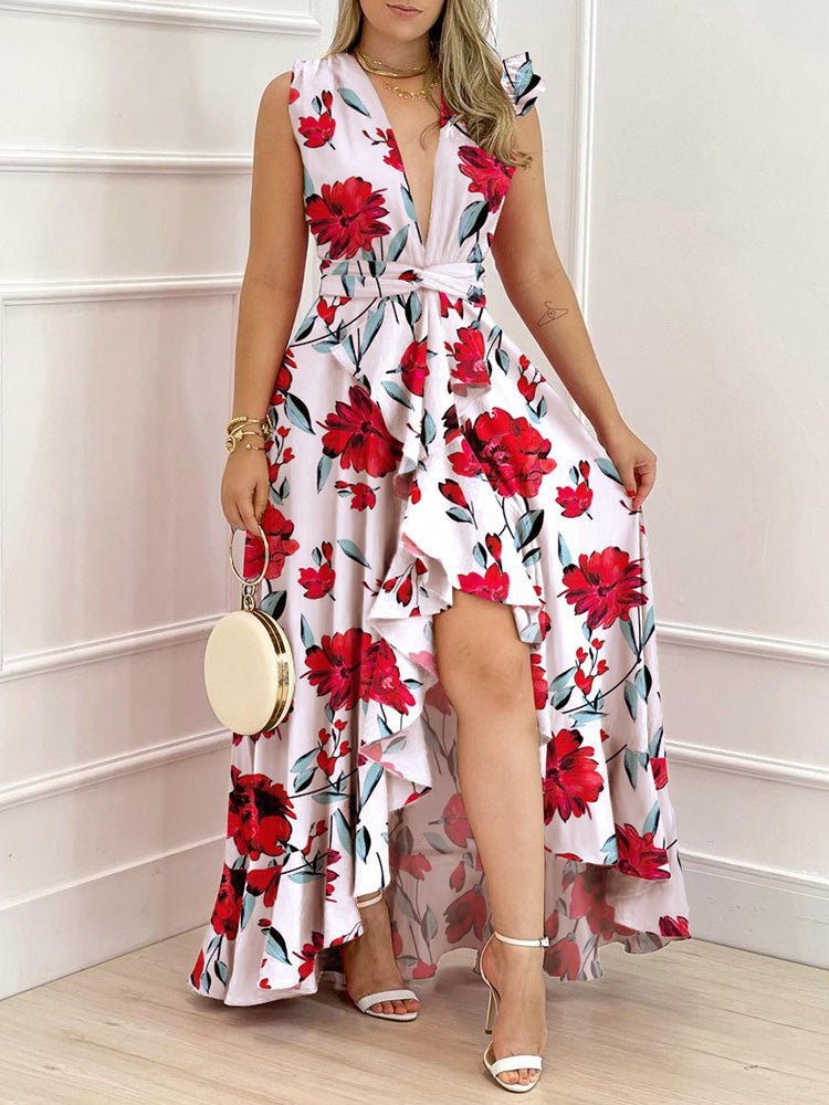 Women's Dresses Deep V Neck Sleeveless Ruffle Irregular Dress - Maxi Dresses - Instastyled | Online Fashion Free Shipping Clothing, Dresses, Tops, Shoes - 21/02/2022 - 40-50 - color-red