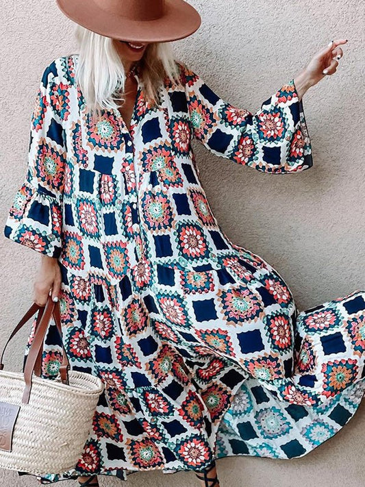 Women's Dresses Fashion Print Flare Sleeve Dress - Maxi Dresses - Instastyled | Online Fashion Free Shipping Clothing, Dresses, Tops, Shoes - 25/02/2022 - 40-50 - color-multi
