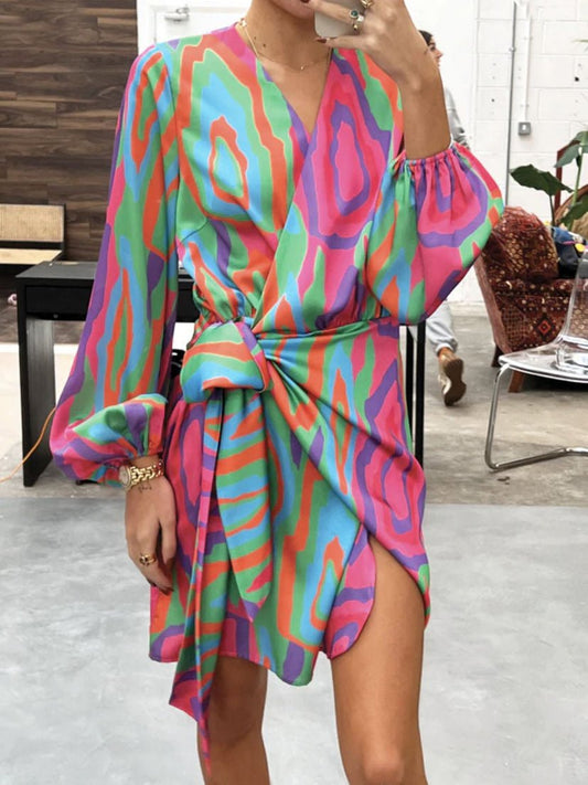 Women's Dresses Fashion Print V-Neck Balloon Sleeve Slit Dress - Mini Dresses - Instastyled | Online Fashion Free Shipping Clothing, Dresses, Tops, Shoes - 16/02/2022 - 40-50 - color-red