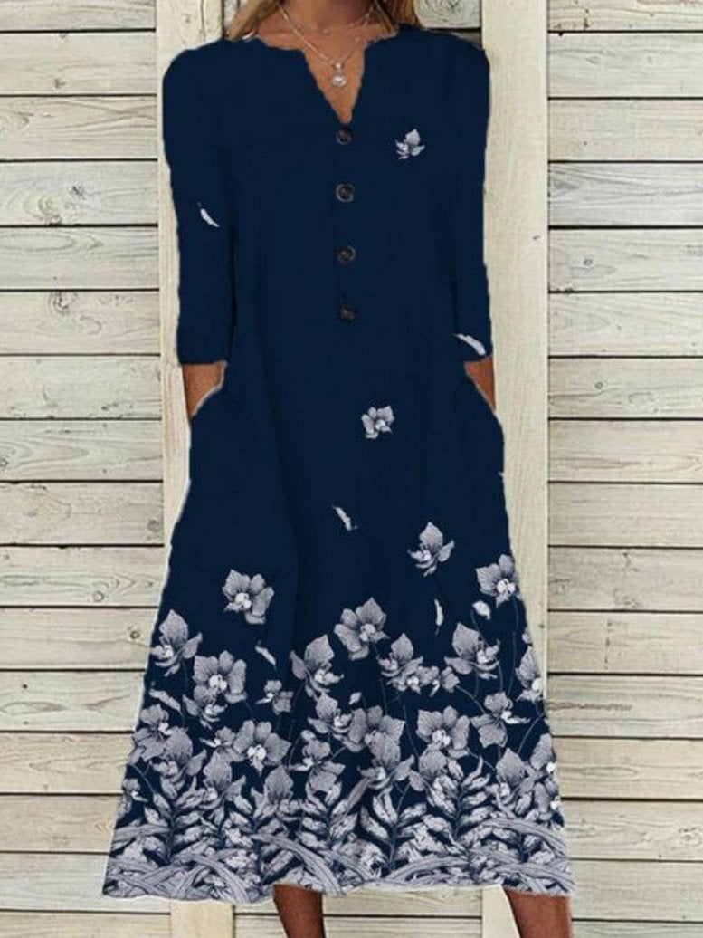 Women's Dresses Floral Print Button Pocket Long Sleeve Dress - Midi Dresses - INS | Online Fashion Free Shipping Clothing, Dresses, Tops, Shoes - 07/09/2021 - 20-30 - Category_Midi Dresses
