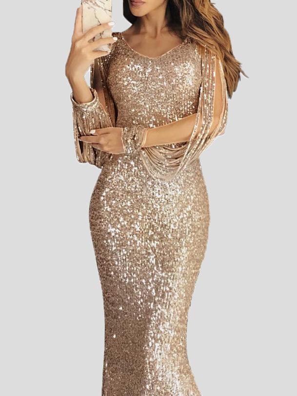 Women's Dresses Fringed Long Sleeve Wrap Evening Dress - Maxi Dresses - INS | Online Fashion Free Shipping Clothing, Dresses, Tops, Shoes - 29/11/2021 - 40-50 - color-black