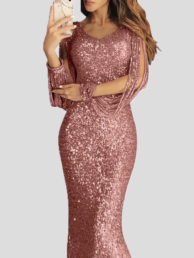 Women's Dresses Fringed Long Sleeve Wrap Evening Dress - Maxi Dresses - INS | Online Fashion Free Shipping Clothing, Dresses, Tops, Shoes - 29/11/2021 - 40-50 - color-black