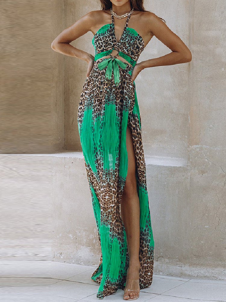 Women's Dresses Halter Hollow Leopard Bare Back Slit Dress - Maxi Dresses - Instastyled | Online Fashion Free Shipping Clothing, Dresses, Tops, Shoes - 20/01/2022 - 40-50 - color-blue