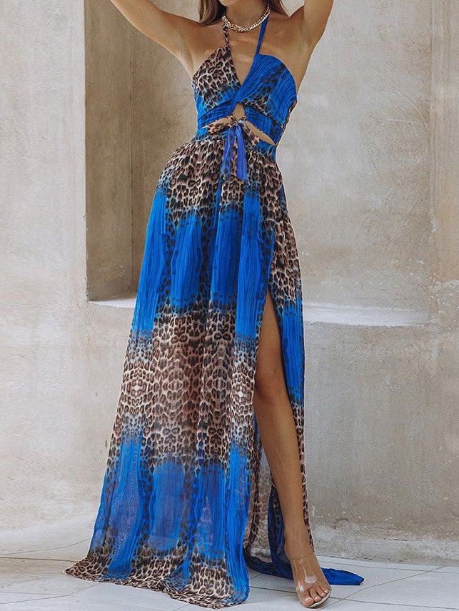 Women's Dresses Halter Hollow Leopard Bare Back Slit Dress - Maxi Dresses - Instastyled | Online Fashion Free Shipping Clothing, Dresses, Tops, Shoes - 20/01/2022 - 40-50 - color-blue
