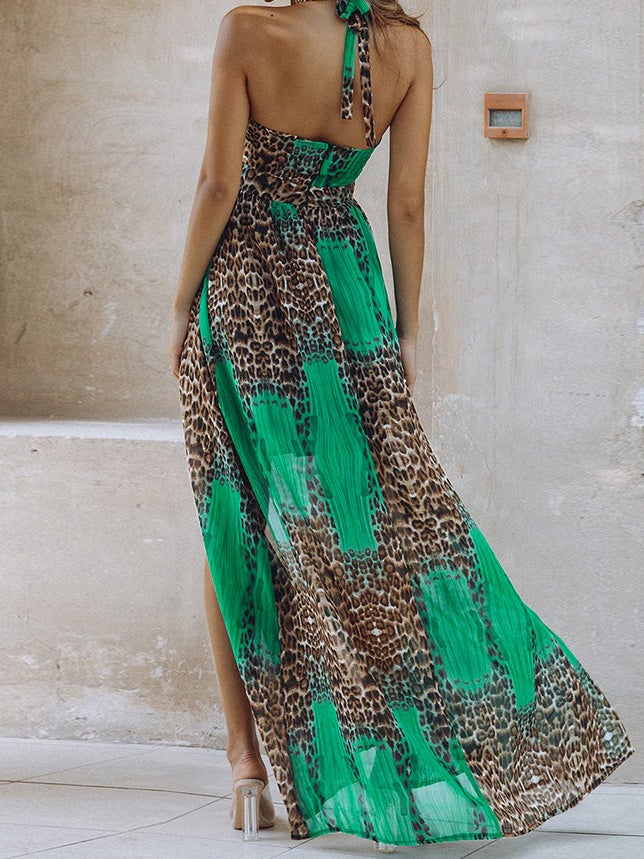 Women's Dresses Halter Hollow Leopard Bare Back Slit Dress - Maxi Dresses - Instastyled | Online Fashion Free Shipping Clothing, Dresses, Tops, Shoes - 20/01/2022 - 40-50 - color-blue