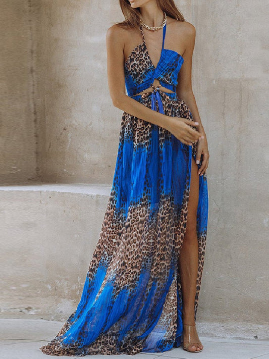 Women's Dresses Halter Hollow Leopard Bare Back Slit Dress - Maxi Dresses - Instastyled | Online Fashion Free Shipping Clothing, Dresses, Tops, Shoes - 20/01/2022 - 40-50 - color-blue