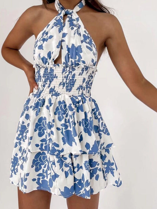 Women's Dresses Halterneck Belted Hollow Print Mini Dress - Mini Dresses - Instastyled | Online Fashion Free Shipping Clothing, Dresses, Tops, Shoes - 09/02/2022 - 40-50 - color-white