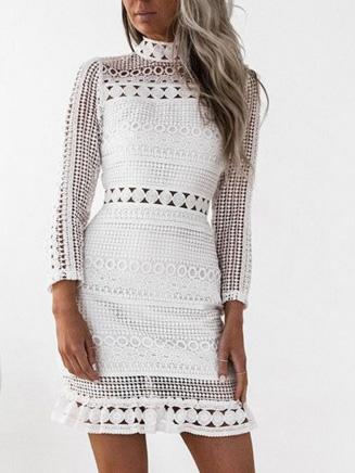 Women's Dresses High Neck Lace Hollow Long Sleeve Dress - Mini Dresses - INS | Online Fashion Free Shipping Clothing, Dresses, Tops, Shoes - 01/12/2021 - 30-40 - color-white