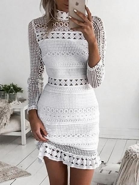 Women's Dresses High Neck Lace Hollow Long Sleeve Dress - Mini Dresses - INS | Online Fashion Free Shipping Clothing, Dresses, Tops, Shoes - 01/12/2021 - 30-40 - color-white