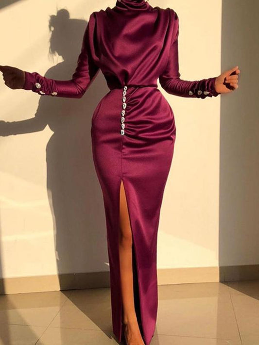 Women's Dresses High Neck Long Sleeve Water Drop Rhinestone Split Dress - Maxi Dresses - INS | Online Fashion Free Shipping Clothing, Dresses, Tops, Shoes - 23/09/2021 - 40-50 - color-black