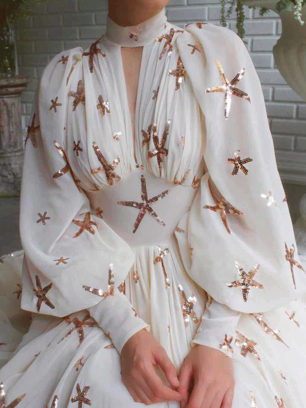 Women's Dresses High Neck Sequined Lantern Long Sleeve Slit Dress - Maxi Dresses - INS | Online Fashion Free Shipping Clothing, Dresses, Tops, Shoes - 20/11/2021 - Color_Beige - DRE2111202932