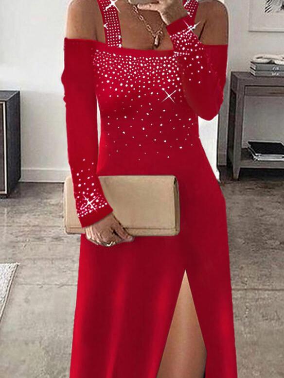 Women's Dresses Hot Rhinestone Sling One Shoulder Slit Dress - Midi Dresses - INS | Online Fashion Free Shipping Clothing, Dresses, Tops, Shoes - 18/11/2021 - 30-40 - color-black