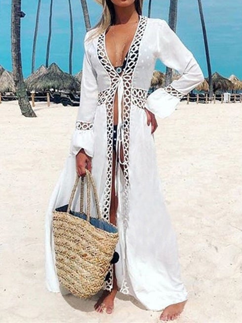 Women's Dresses Lace Hollow Heatproof Cardigan Long Sleeve Dress - Maxi Dresses - Instastyled | Online Fashion Free Shipping Clothing, Dresses, Tops, Shoes - 18/01/2022 - 30-40 - color-beige