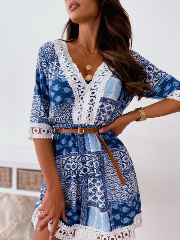 Women's Dresses Lace Vintage Print Half Sleeve Dress - Mini Dresses - Instastyled | Online Fashion Free Shipping Clothing, Dresses, Tops, Shoes - 15/02/2022 - 30-40 - color-blue