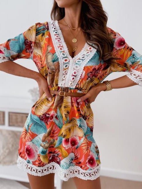 Women's Dresses Lace Vintage Print Half Sleeve Dress - Mini Dresses - Instastyled | Online Fashion Free Shipping Clothing, Dresses, Tops, Shoes - 15/02/2022 - 30-40 - color-blue