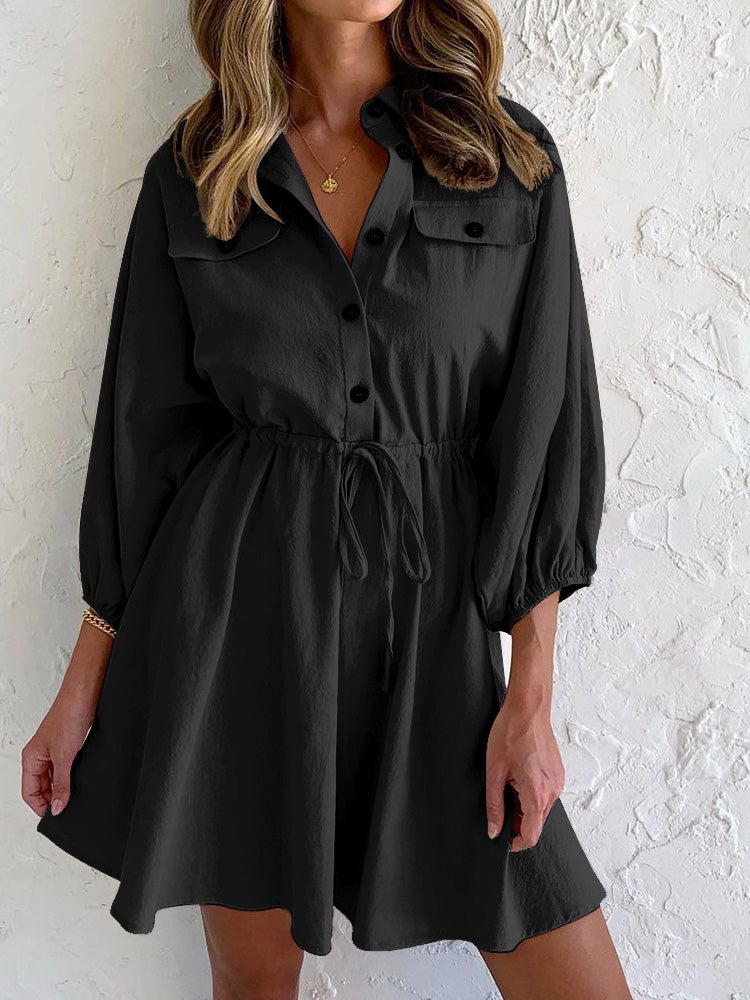 Women's Dresses Lapel Button Belted Long Sleeve Dress - Mini Dresses - Instastyled | Online Fashion Free Shipping Clothing, Dresses, Tops, Shoes - 20/01/2022 - 40-50 - color-black