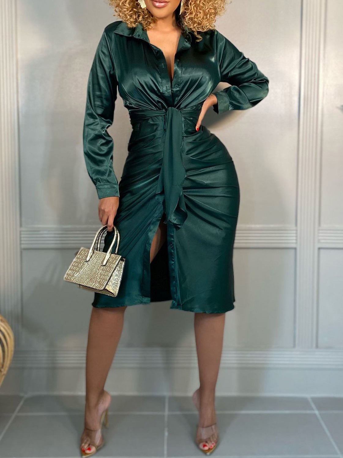 Women's Dresses Lapel Buttons Belted Long Sleeve Dress - Midi Dresses - Instastyled | Online Fashion Free Shipping Clothing, Dresses, Tops, Shoes - 22/12/2021 - 40-50 - color-green