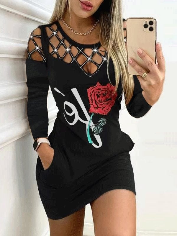 Women's Dresses Lip Print Pocket Long Sleeve Mini Dress - Mini Dresses - INS | Online Fashion Free Shipping Clothing, Dresses, Tops, Shoes - 12/10/2021 - 30-40 - Bodycon Dresses