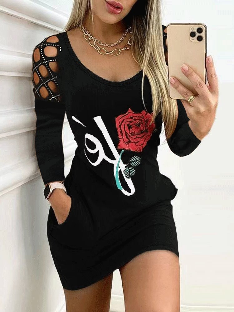Women's Dresses Lip Print Pocket Long Sleeve Mini Dress - Mini Dresses - INS | Online Fashion Free Shipping Clothing, Dresses, Tops, Shoes - 12/10/2021 - 30-40 - Bodycon Dresses