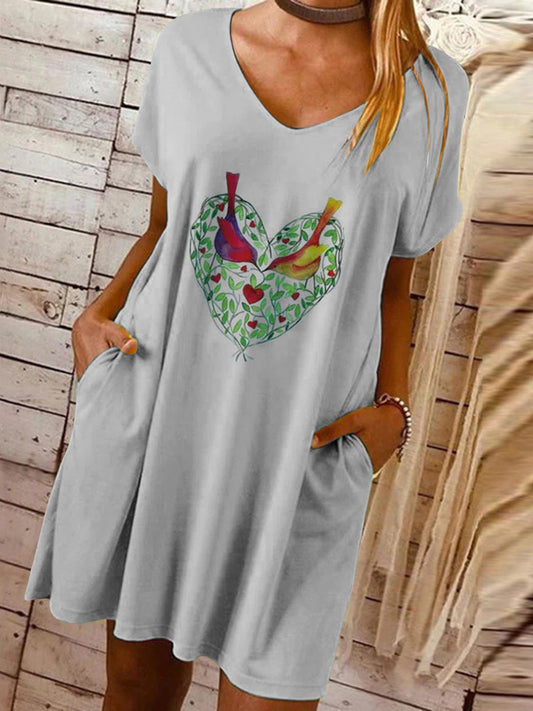 Women's Dresses Loose Love Printed V-Neck Pocket Dress - Midi Dresses - Instastyled | Online Fashion Free Shipping Clothing, Dresses, Tops, Shoes - 20-30 - 24/12/2021 - Casual Dresses