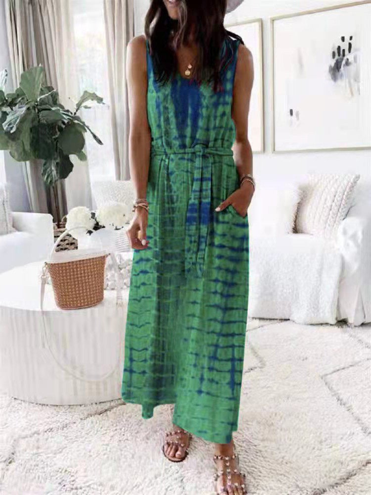 Women's Dresses Loose Printed Belted Pocket Vest Dress - Maxi Dresses - Instastyled | Online Fashion Free Shipping Clothing, Dresses, Tops, Shoes - 07/01/2022 - 20-30 - Casual Dresses