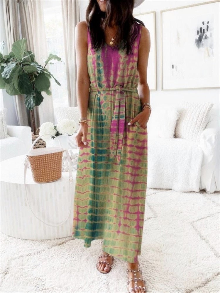 Women's Dresses Loose Printed Belted Pocket Vest Dress - Maxi Dresses - Instastyled | Online Fashion Free Shipping Clothing, Dresses, Tops, Shoes - 07/01/2022 - 20-30 - Casual Dresses