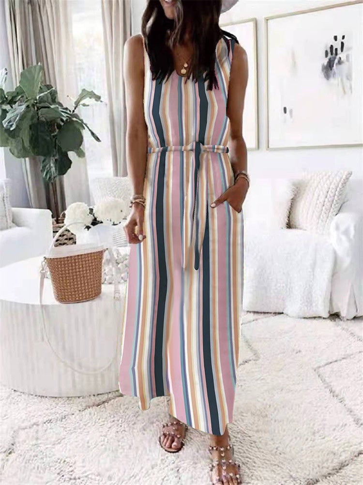 Women's Dresses Loose Printed Belted Pocket Vest Dress - Maxi Dresses - Instastyled | Online Fashion Free Shipping Clothing, Dresses, Tops, Shoes - 07/01/2022 - 20-30 - Casual Dresses