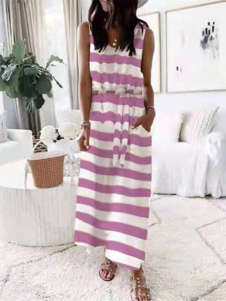 Women's Dresses Loose Printed Belted Pocket Vest Dress - Maxi Dresses - Instastyled | Online Fashion Free Shipping Clothing, Dresses, Tops, Shoes - 07/01/2022 - 20-30 - Casual Dresses