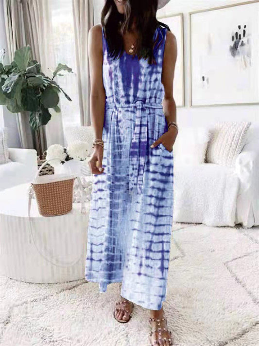 Women's Dresses Loose Printed Belted Pocket Vest Dress - Maxi Dresses - Instastyled | Online Fashion Free Shipping Clothing, Dresses, Tops, Shoes - 07/01/2022 - 20-30 - Casual Dresses