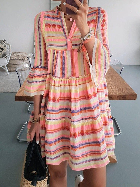Women's Dresses Loose Rainbow Stripe Print V-Neck Dress - Mini Dresses - Instastyled | Online Fashion Free Shipping Clothing, Dresses, Tops, Shoes - 13/01/2022 - 20-30 - color-yellow