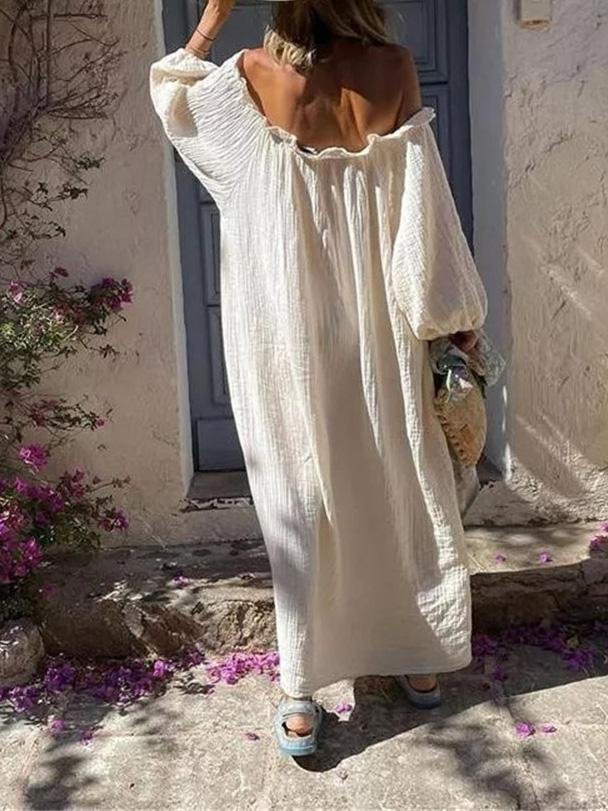 Women's Dresses Loose Ruffled One-Shoulder Lantern Sleeve Dress - Maxi Dresses - INS | Online Fashion Free Shipping Clothing, Dresses, Tops, Shoes - 27/09/2021 - Color_Beige - DRE2109272676